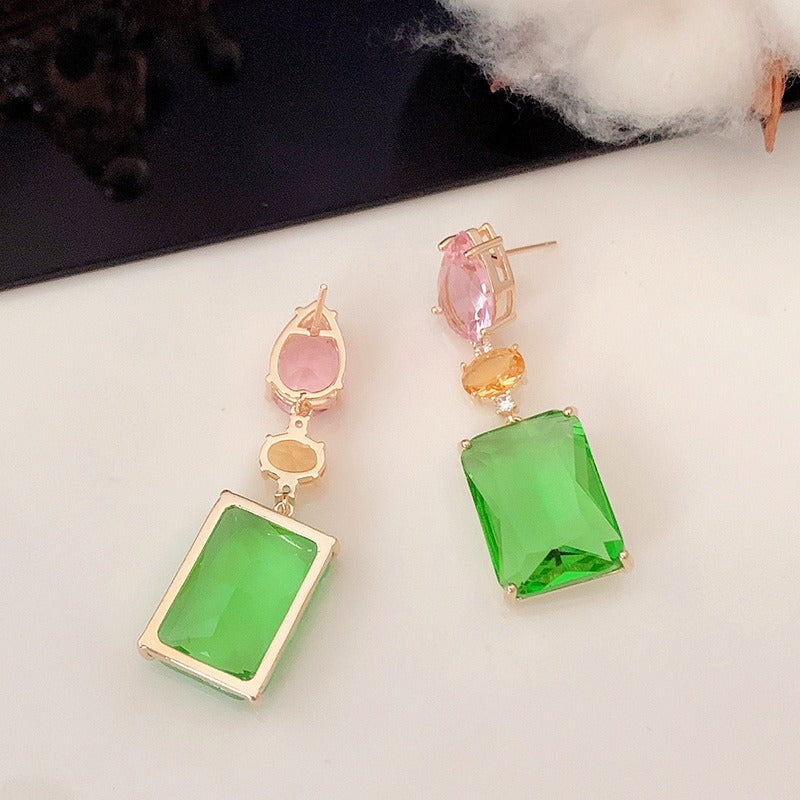 Pink Droplet Geometric Square Earrings Luxury Zircon Color Fashion