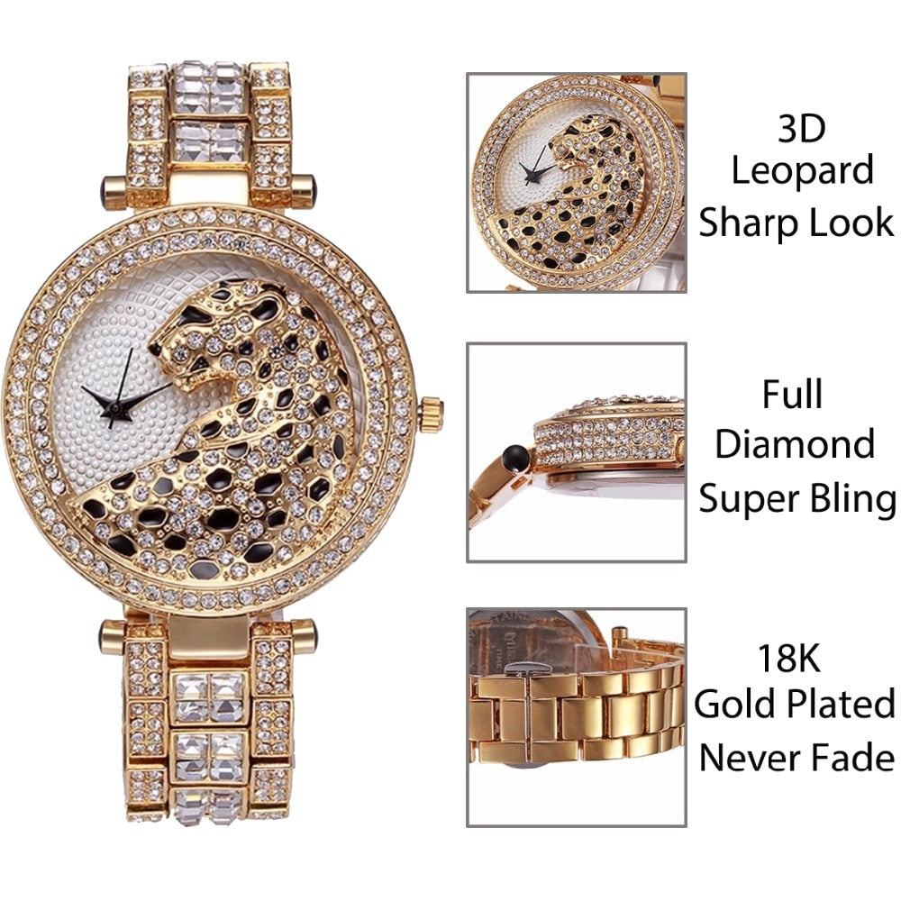 Womens Quartz Watch Bling Casual Gold Watch Crystal Diamond Leopard - Pleasures and Sins   Pleasures and Sins