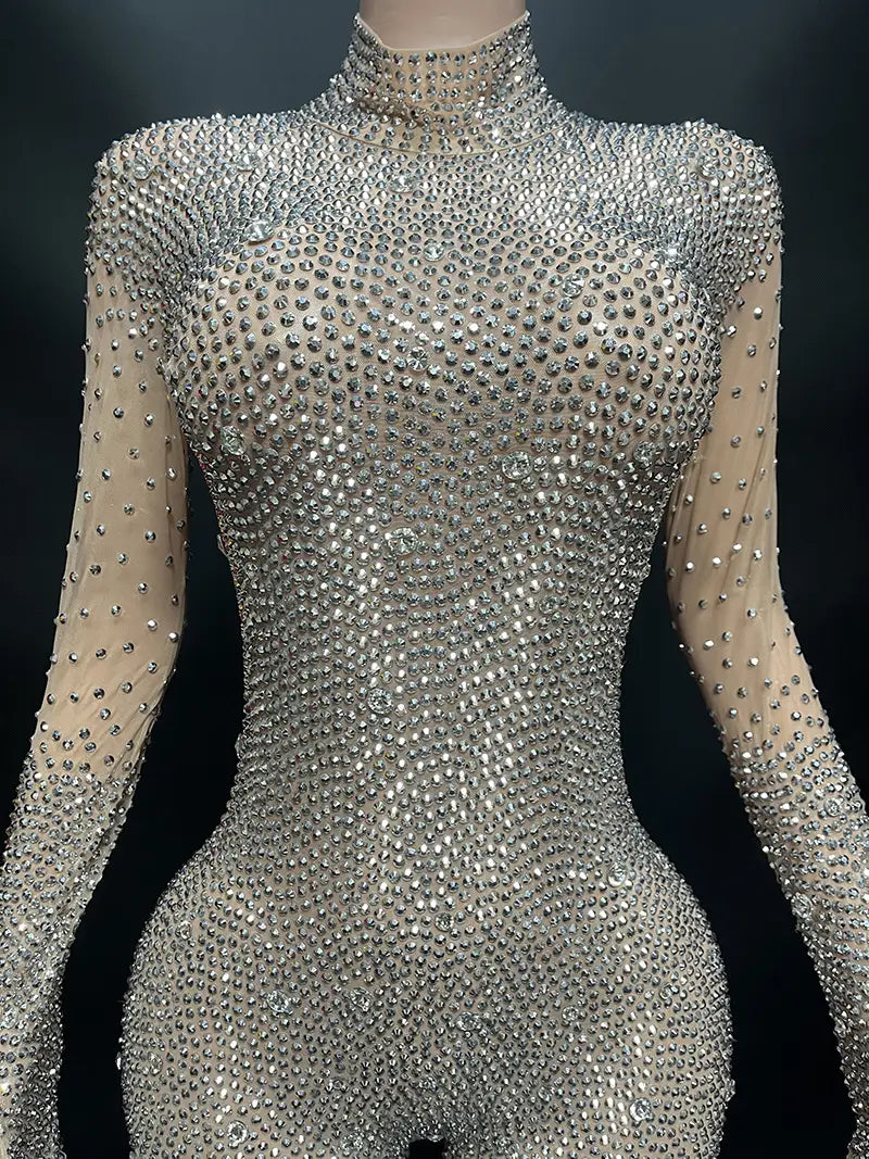 Round neck long sleeved skin tight Rhinestone jumpsuit