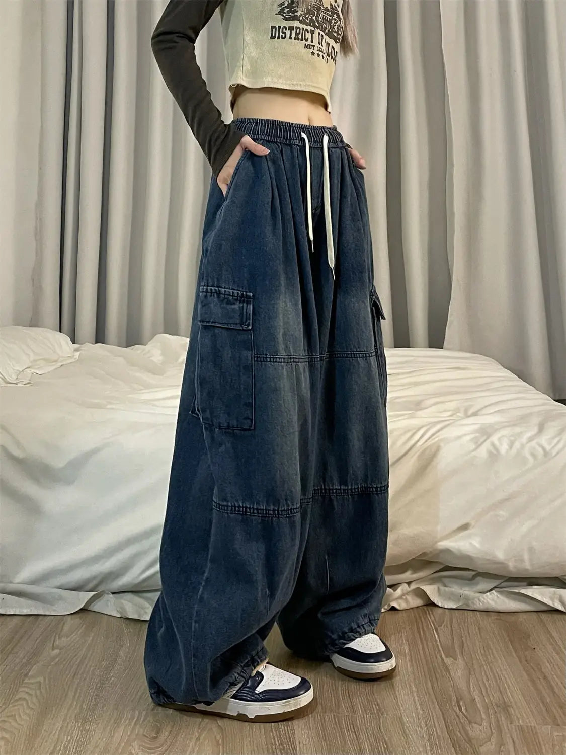 Womens Vintage Blue Oversized Cargo Streetwear Retro Wide