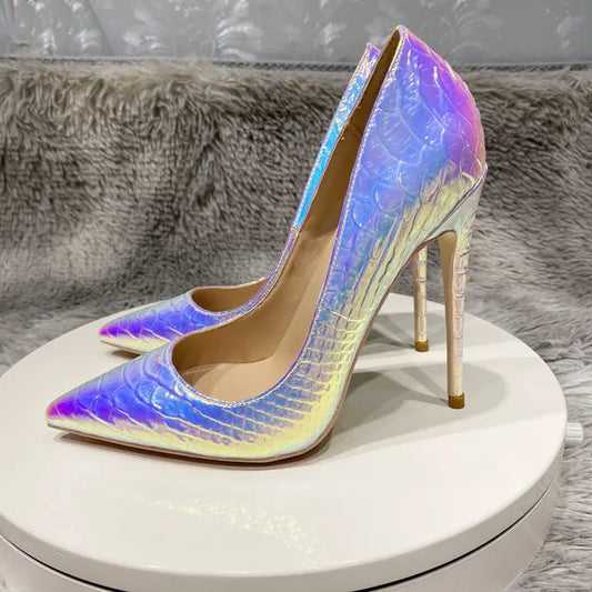 Shiny Silver Crocodile Effect Womens Pointy Toe High Heel Shoes