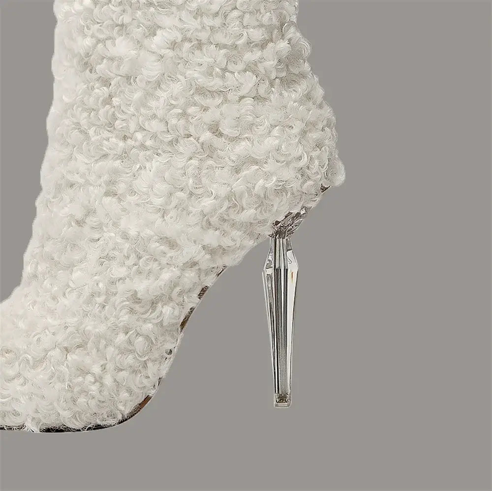 Stylish Tall White Furry Knee High Pointed Toe Boots with Crystal Transparent Heel