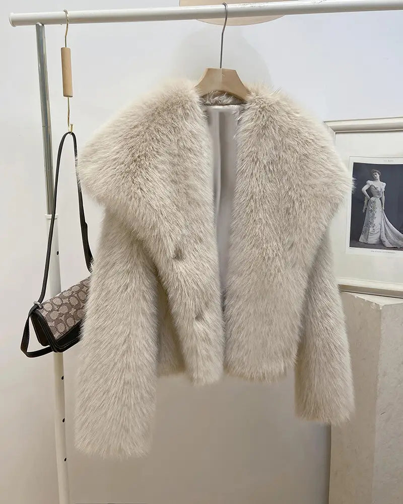 Ladies Large Lapel Fur Coat Elegant Long Sleeve Warm Fur