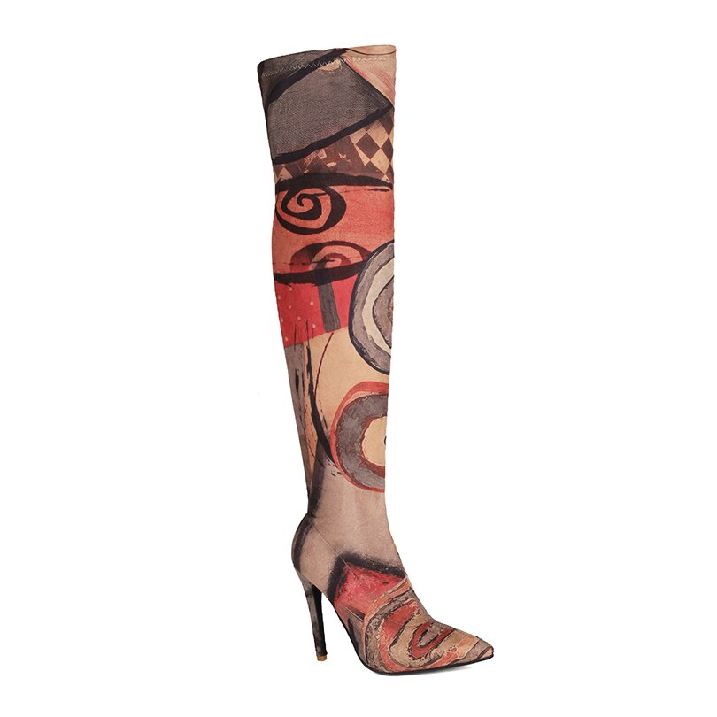 Plus Size Art Graffiti Over Knee Boots Pointed Toe Ultra-High Heel