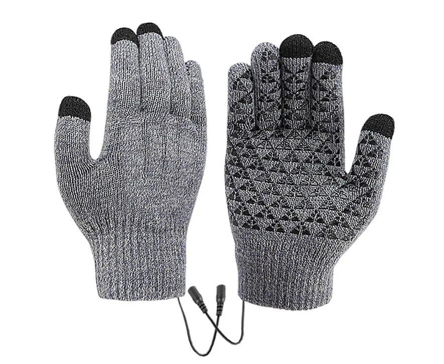 Gray knit touchscreen-compatible heated electric gloves with a grip pattern for comfort.