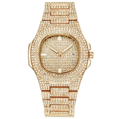 Mens Luxury Diamond Quartz Watch Gold Steel Business Watch Deluxe - Pleasures and Sins   Pleasures and Sins