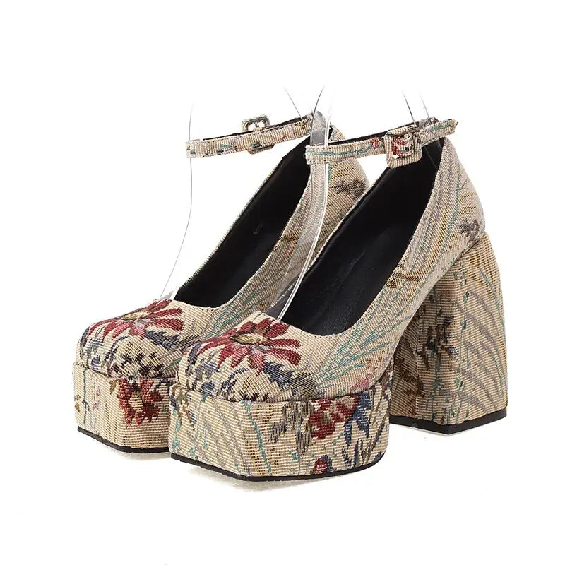 Stylish Floral Square Toe High Heel Sandals with ankle straps and snakeskin design.