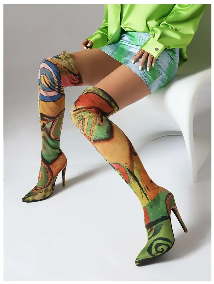 Plus Size Art Graffiti Over Knee Boots Pointed Toe