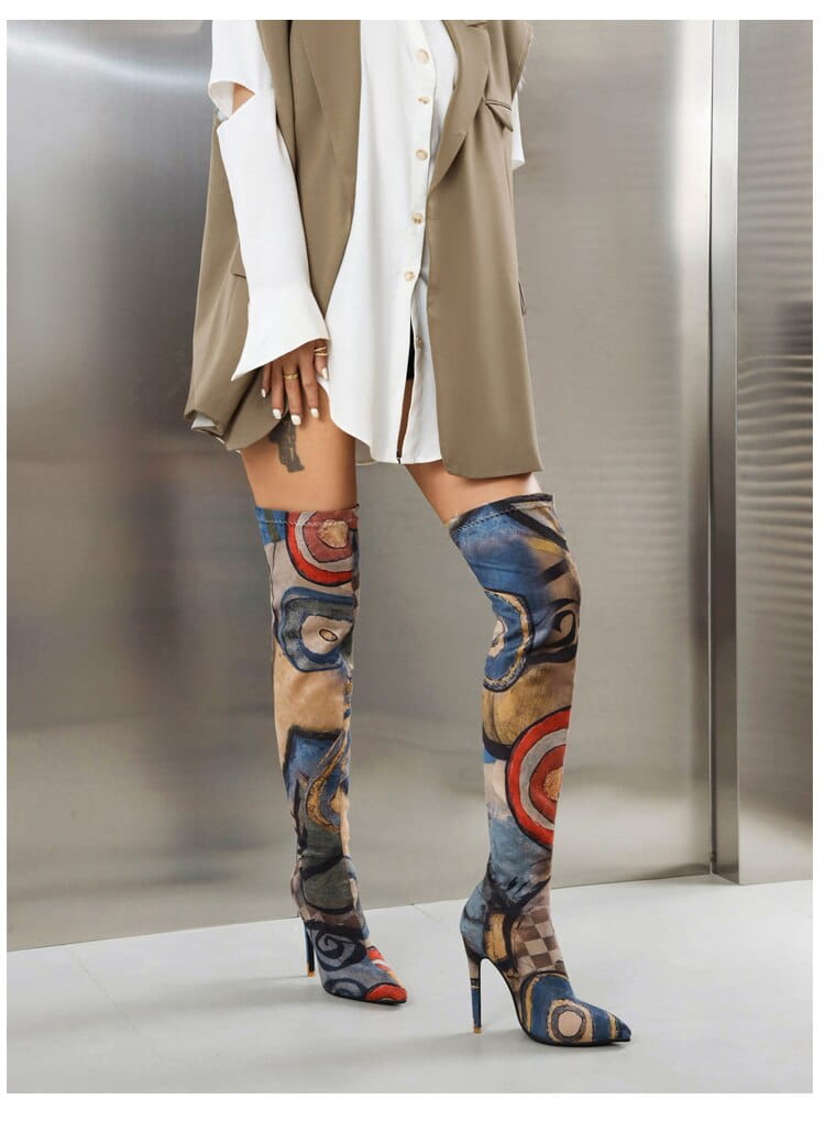 Plus Size Art Graffiti Over Knee Boots Pointed Toe