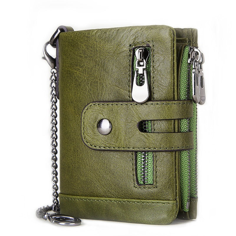 Mens short genuine leather wallet with zip and chain detail - Pleasures and Sins   Pleasures and Sins