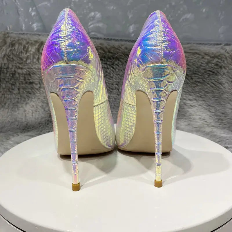 Iridescent holographic silver crocodile effect womens pointy toe high heel shoes.