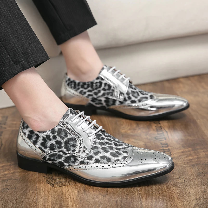 Mens Gold or Silver Patent Leopard Print Shoes - Pleasures and Sins   Pleasures and Sins