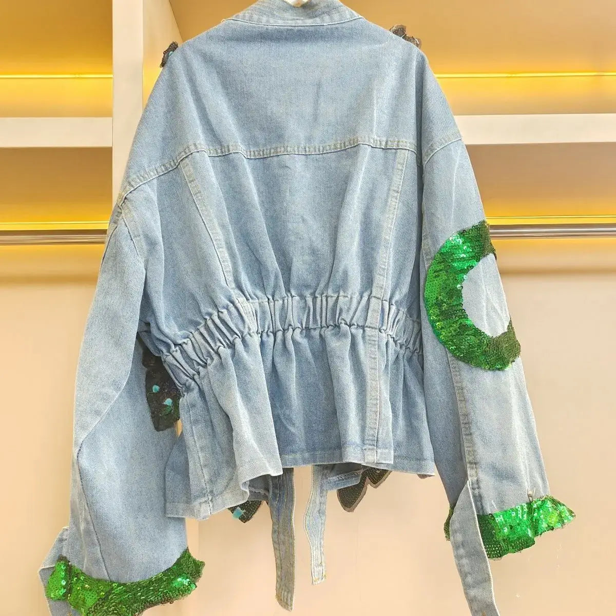 Womens V-neck 3D Peacock Sequined Embroidered Denim Jacket