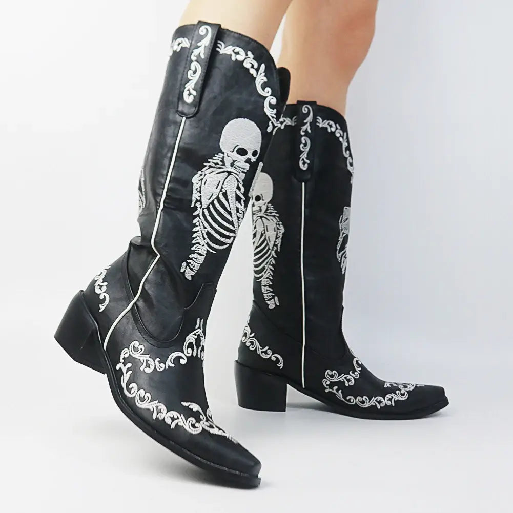 Bottes de cowgirl à talons hauts pour femmes à mi-mollet et à talons courts Skull