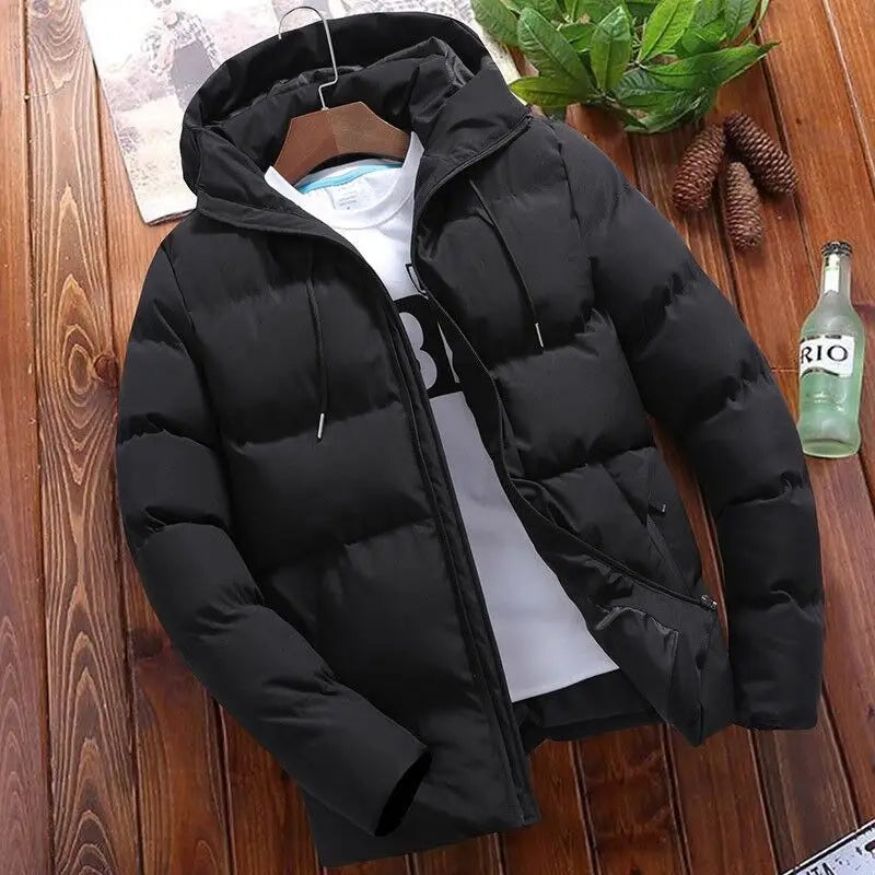 Black hooded puffer jacket, stylish men’s winter cotton padded coat for ultimate warmth.