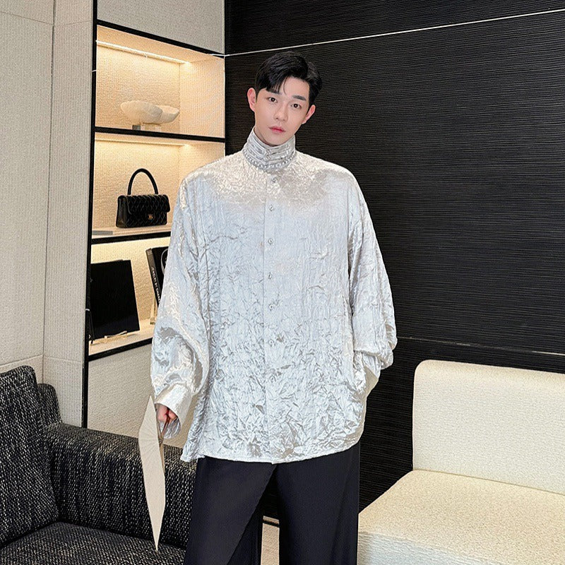 Men's versatile new long Chinese style stand up collar button up shirt