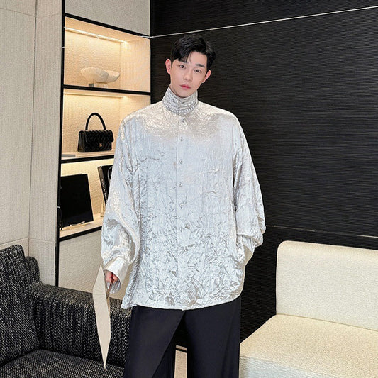 Men's versatile new long Chinese style stand up collar button up shirt