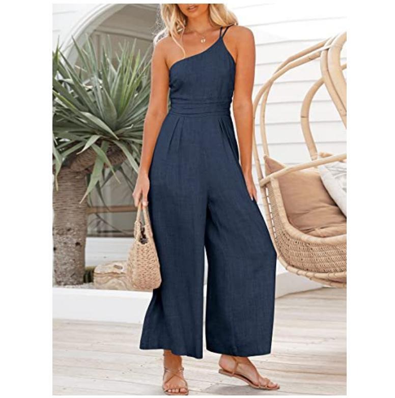 Women's sexy camisole waist wide leg sleeveless cotton linen jumpsuit - Pleasures and Sins   Pleasures and Sins