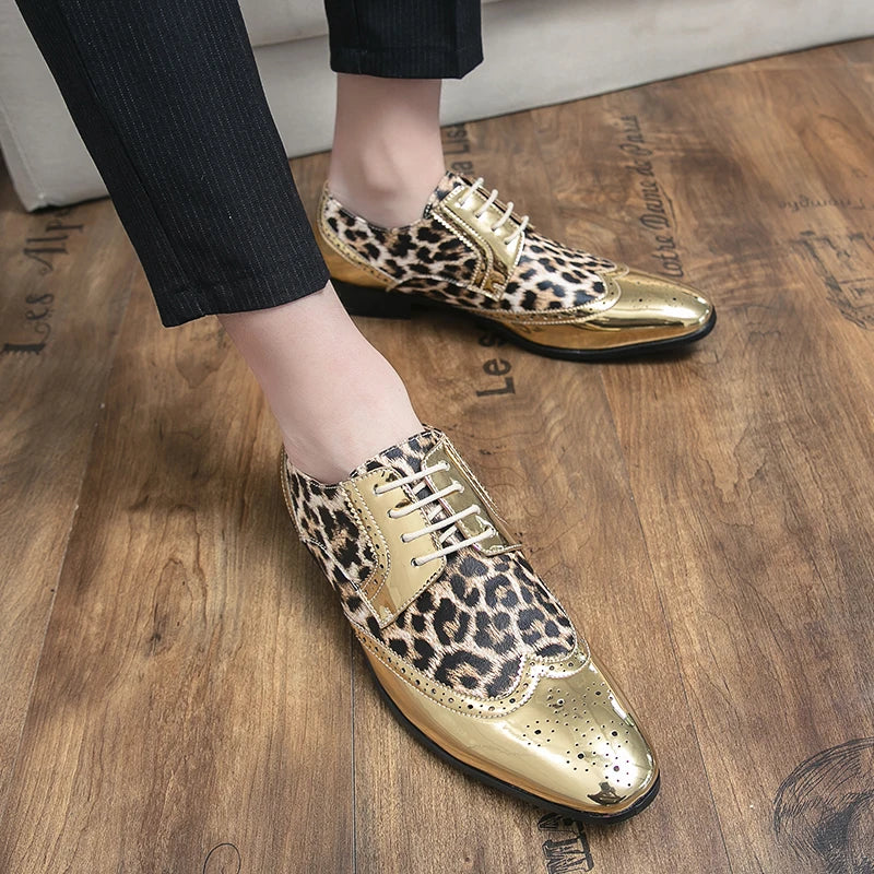 Mens Gold or Silver Patent Leopard Print Shoes - Pleasures and Sins   Pleasures and Sins