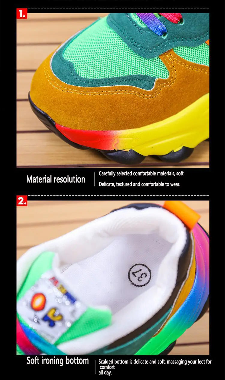 Colorful Rainbow Hip Hop Casual Shoes showcasing vibrant mesh and suede design.