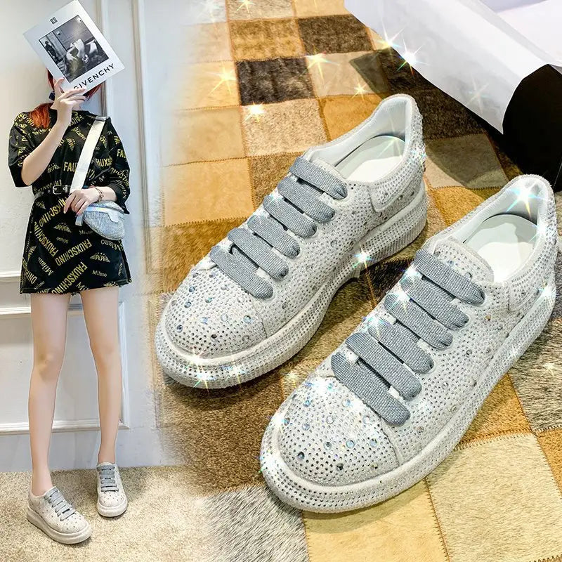 Sparkly silver sneakers with rhinestone bling and thick sole lace for stylish leisure shoes.