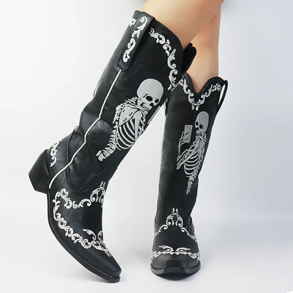 Bottes de cowgirl à talons hauts pour femmes à mi-mollet et à talons courts Skull