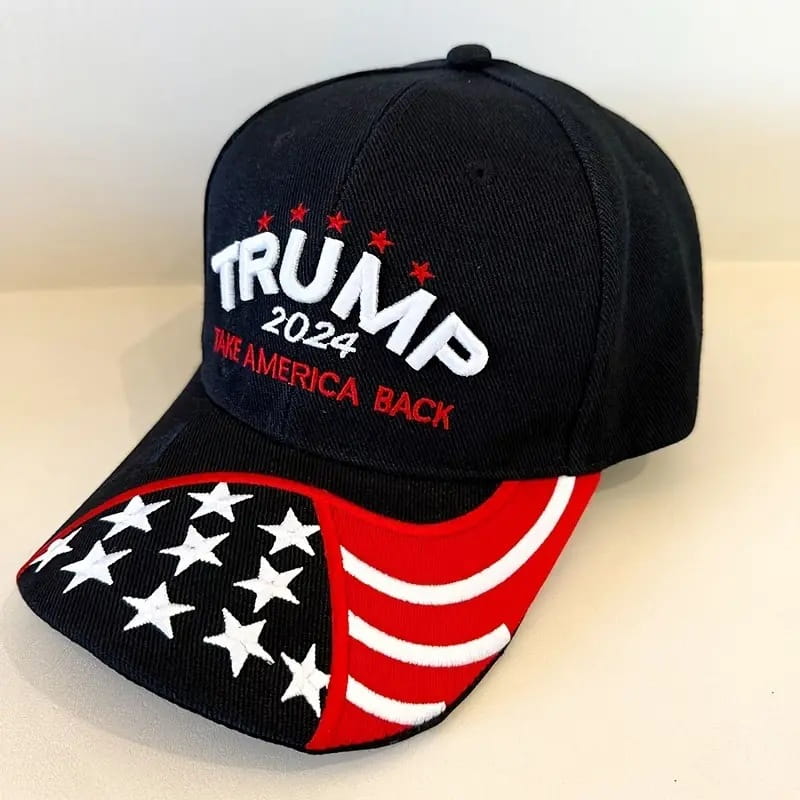 Black and red embroidered baseball cap with TRUMP 2024 and American values design.