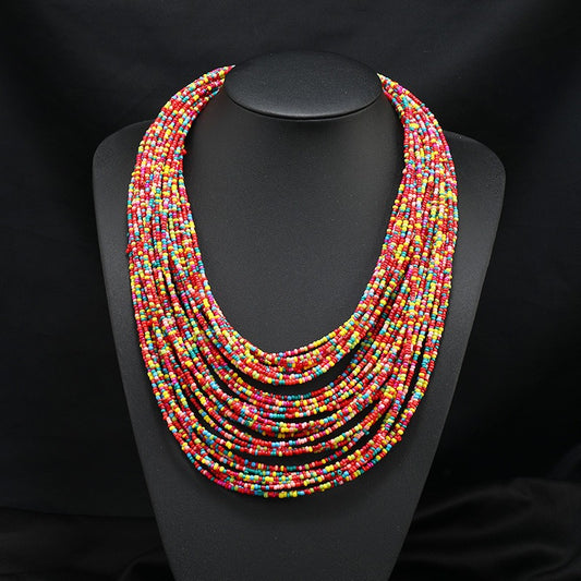 Exaggerated multi-layer short bohemian women's beaded necklace