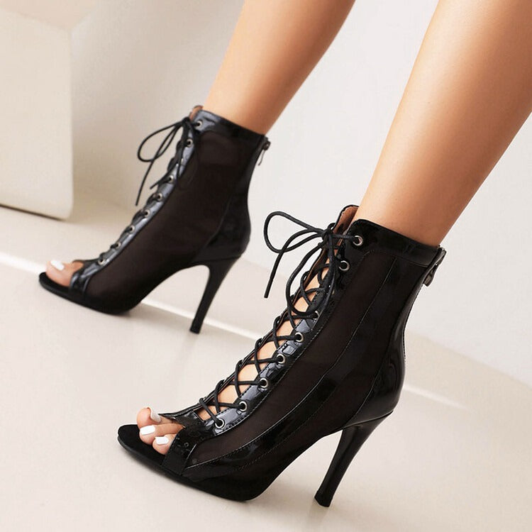 Black high heel open toe short lace up patent boots