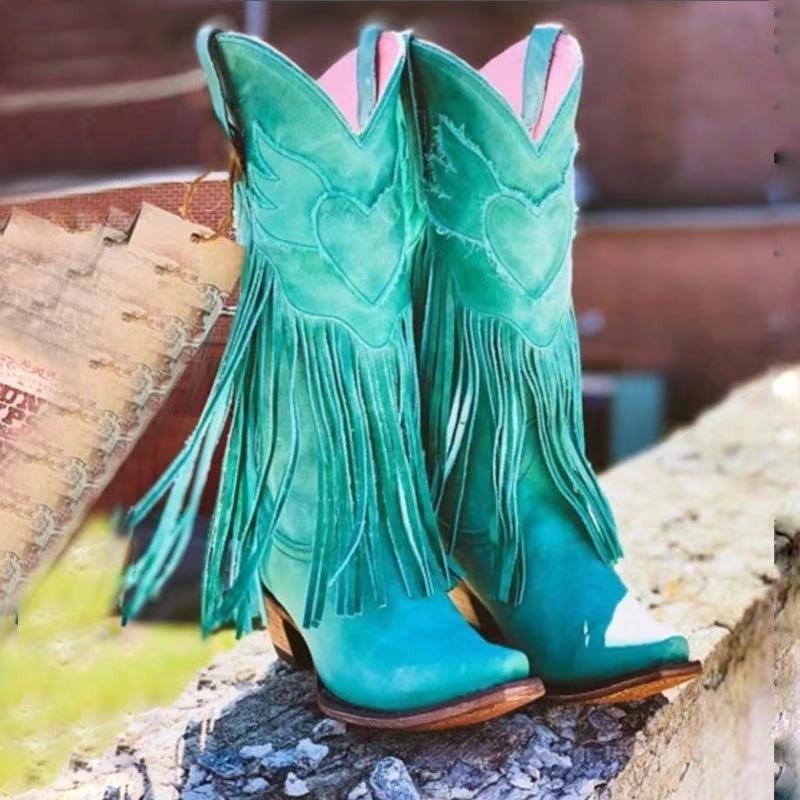 Womens Cowboy Boots Tassel Mid Boots Thick Heel Pointed Toe - Pleasures and Sins   Pleasures and Sins