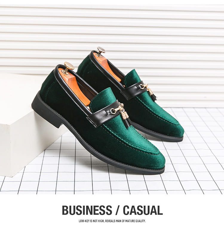 Emerald green velvet loafers with metallic hardware for men’s British style velour moccasin.