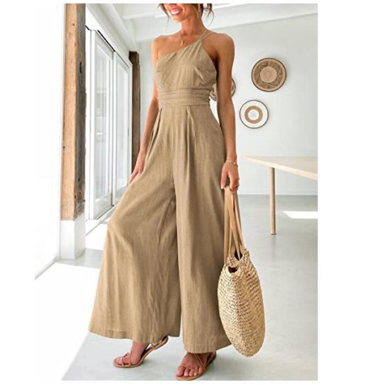 Women's sexy camisole waist wide leg sleeveless cotton linen jumpsuit - Pleasures and Sins   Pleasures and Sins