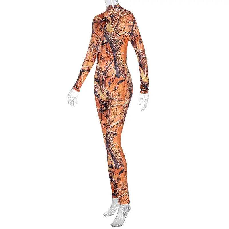 Long Sleeve Print Zip Up Skinny Bodycon Jumpsuit Women Sexy