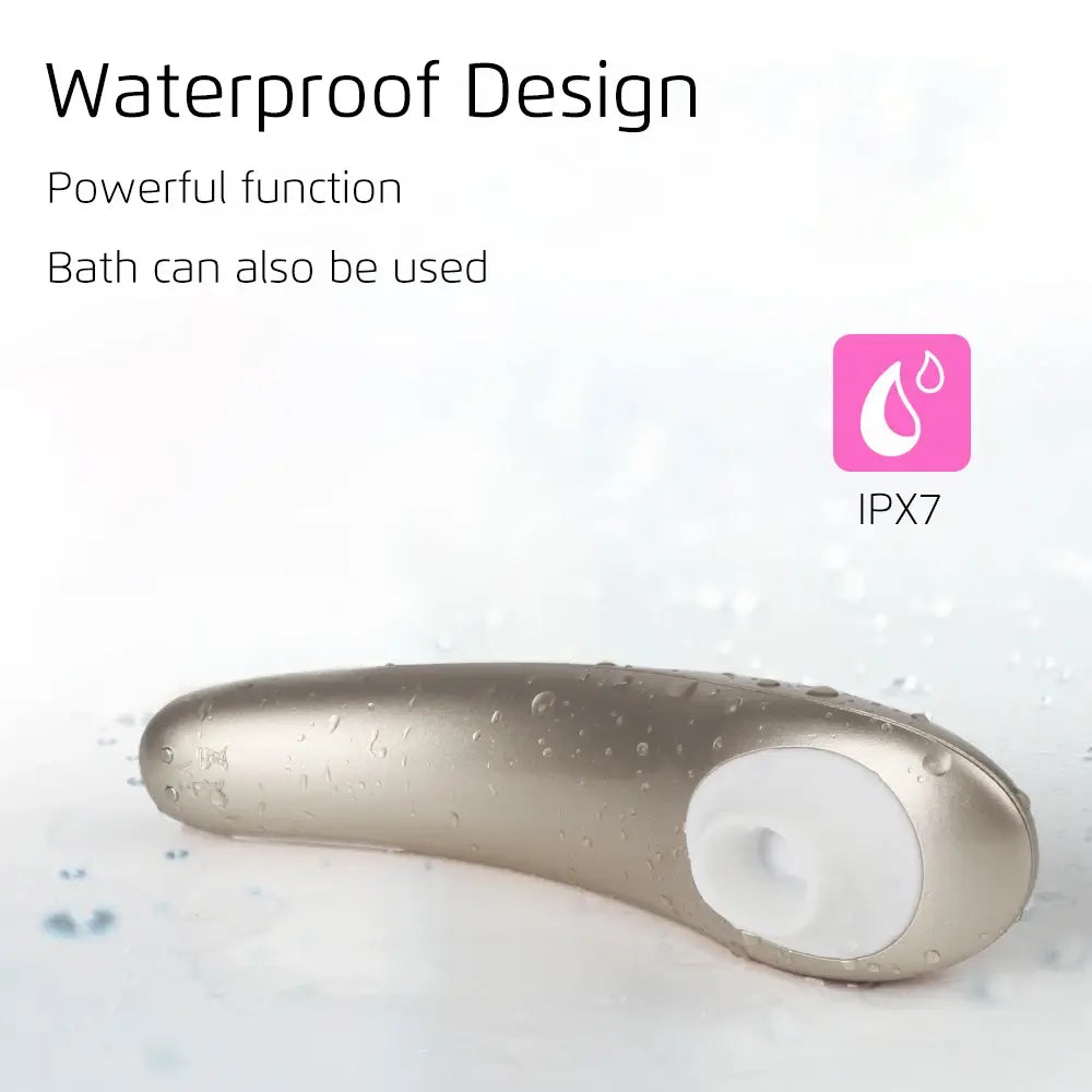 Curved metallic device with IPX7 waterproof rating for ultimate nipple sucker clitoris pleasure.