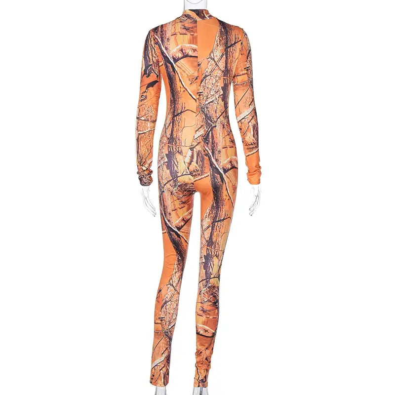 Langärmeliger Print Zip Up Skinny Bodycon Jumpsuit Frauen Sexy