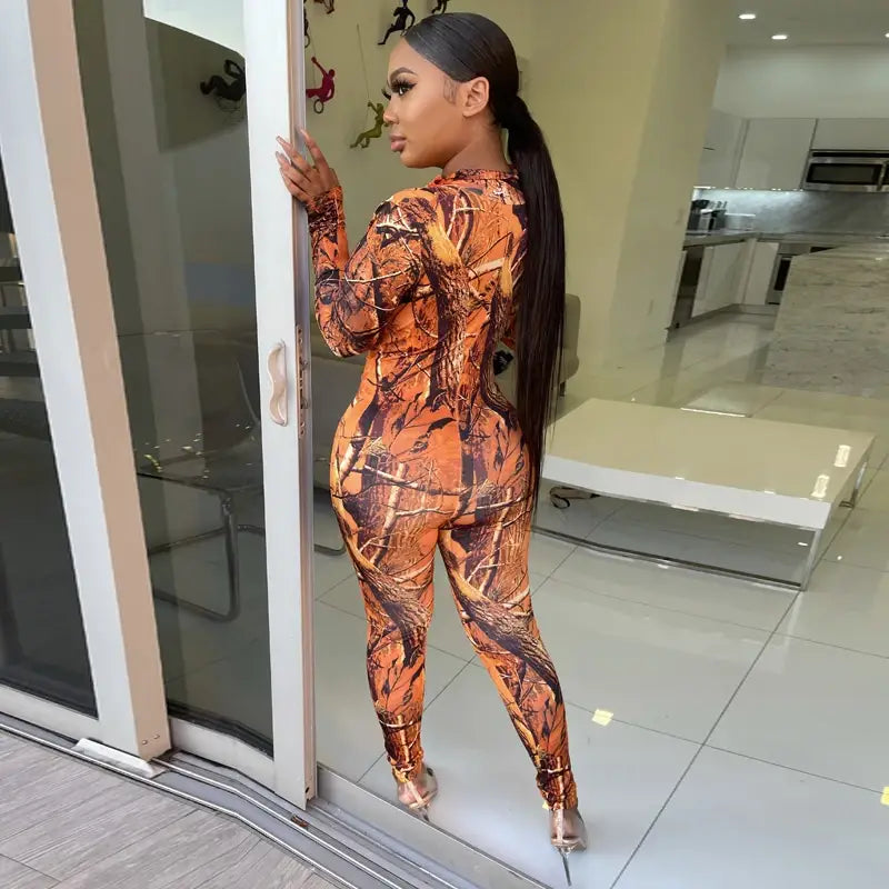 Long Sleeve Print Zip Up Skinny Bodycon Jumpsuit Women Sexy