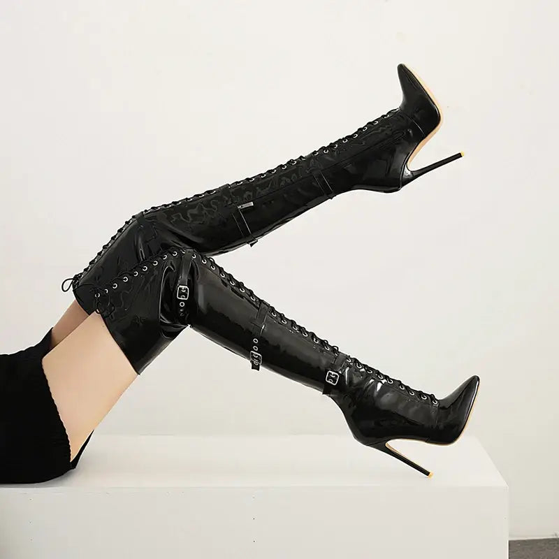 Womens Patent Cross Buckle Thigh Boots With Pointed Toe