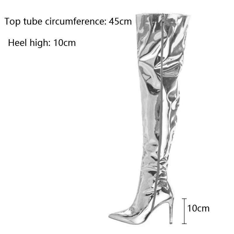 Womens Silver Mirror Boots Platform Pointy Toe  High Heels Over The Knee Long Boots