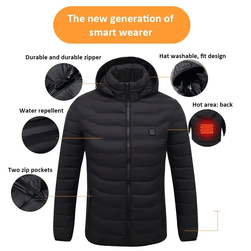 Mens Winter Warm Usb Heated Jacket Thermostat Hooded