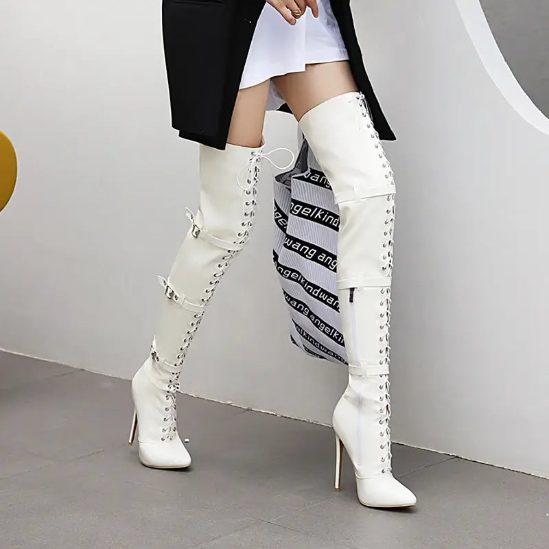 Womens Patent Cross Buckle Thigh Boots With Pointed Toe