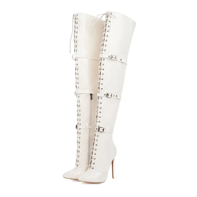 Womens Patent Cross Buckle Thigh Boots With Pointed Toe