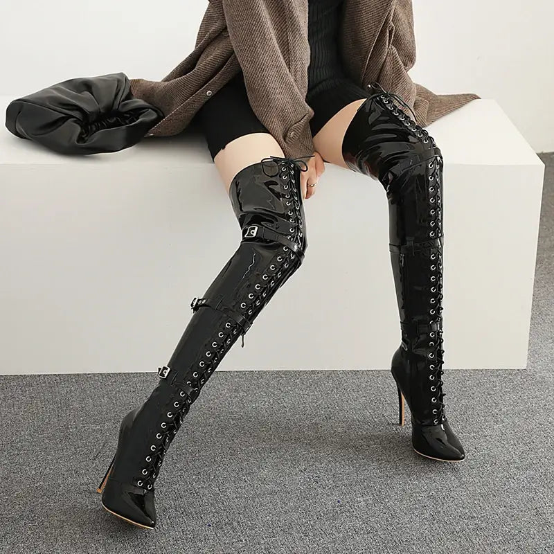 Womens Patent Cross Buckle Thigh Boots With Pointed Toe