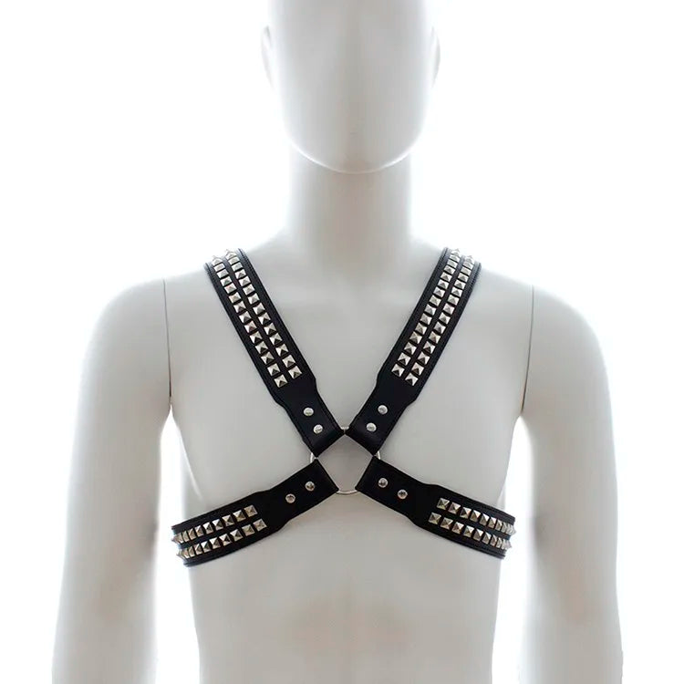 Men’s Leather Bondage Binding Strap Black Multi-stud Harness