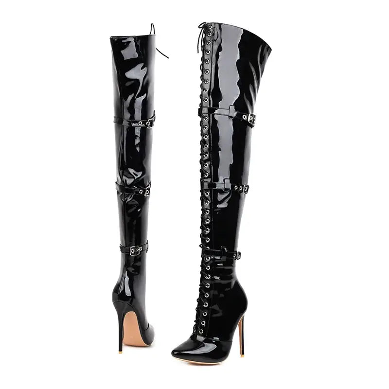 Womens Patent Cross Buckle Thigh Boots With Pointed Toe