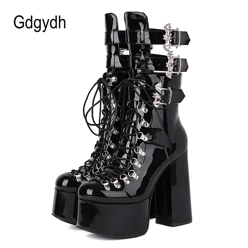 Gothic Multi Buckle Style Black Mid Calf Platform Boots With Bat Wings Design