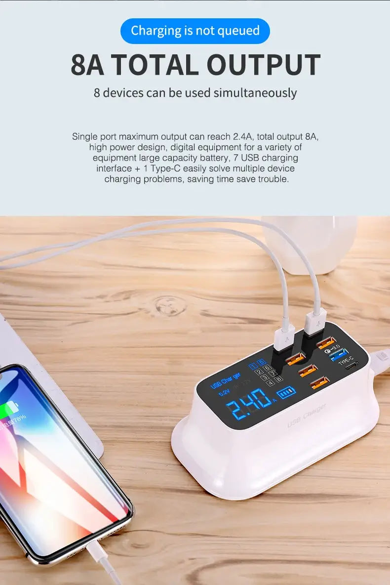 8 Ports Fast Charge Led Display USB Charger For Android