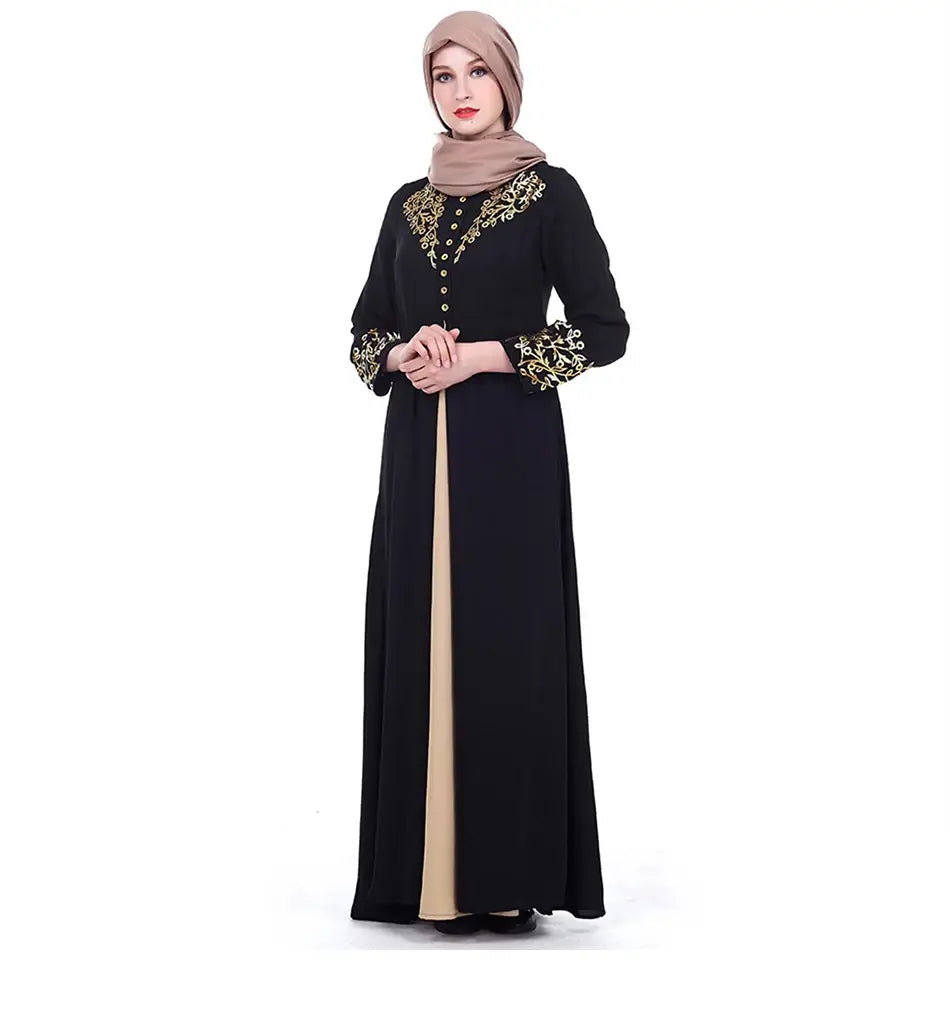 Gold Stamping Print Muslim Dress Women Dubai Abaya Black