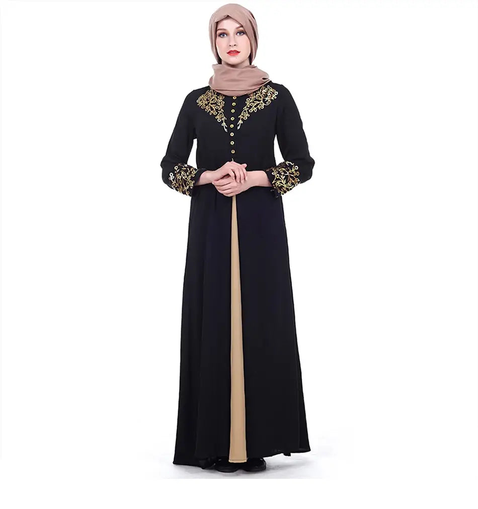 Gold Stamping Print Muslim Dress Women Dubai Abaya Black