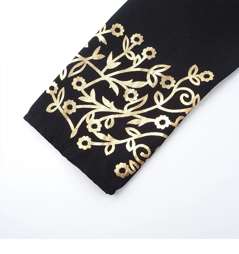 Gold Stamping Print Muslim Dress Women Dubai Abaya Black