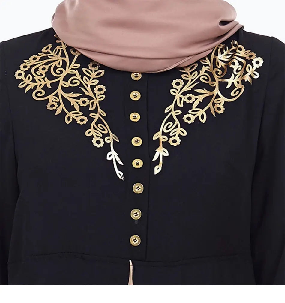 Gold Stamping Print Muslim Dress Women Dubai Abaya Black